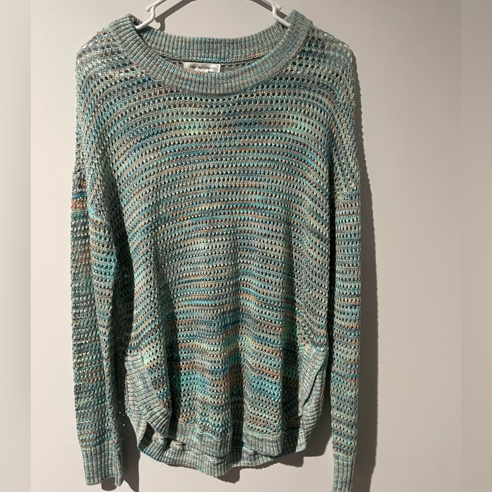 John Paul Richard crewneck sweater. Open knit in aqua, tan, and peach hues.